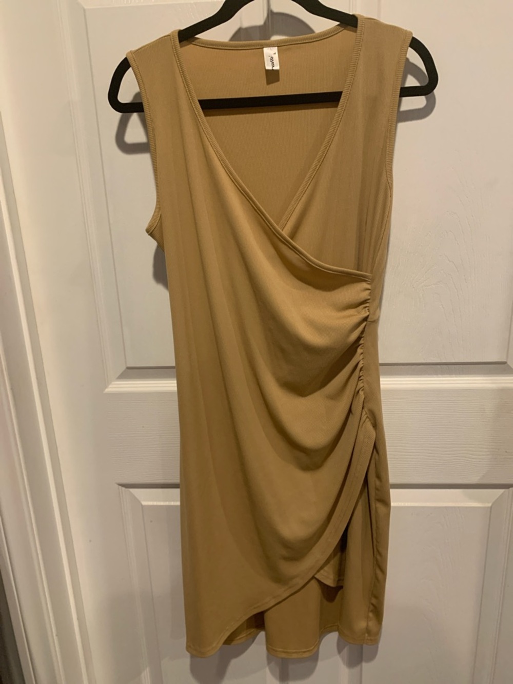 Sleeveless Tan Faux-Wrap Mini Dress with Side Drape
